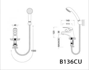 Bản vẽ kỹ thuật Vòi chậu lavabo CAESAR B136CU kèm sen nóng lạnh
