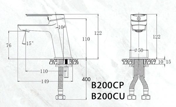 Bản vẽ kỹ thuật Vòi chậu lavabo CAESAR B200CP B200CU nóng lạnh