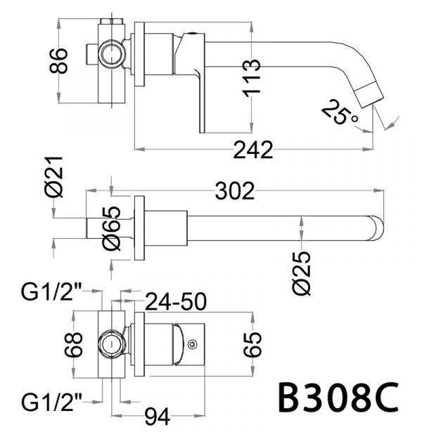 Bản vẽ kỹ thuật Vòi chậu lavabo CAESAR B308C gắn tường nóng lạnh