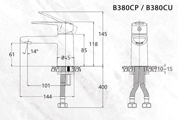 Bản vẽ kỹ thuật Vòi chậu lavabo CAESAR B380CP B380CU nóng lạnh