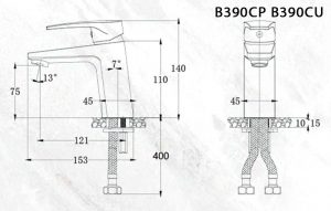 Bản vẽ kỹ thuật Vòi chậu lavabo CAESAR B390CP B390CU nóng lạnh
