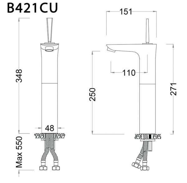 Bản vẽ kỹ thuật Vòi chậu lavabo CAESAR B421CU cổ cao nóng lạnh