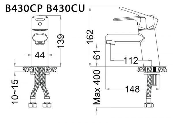 Bản vẽ kỹ thuật Vòi chậu lavabo CAESAR B430CP B430CU nóng lạnh