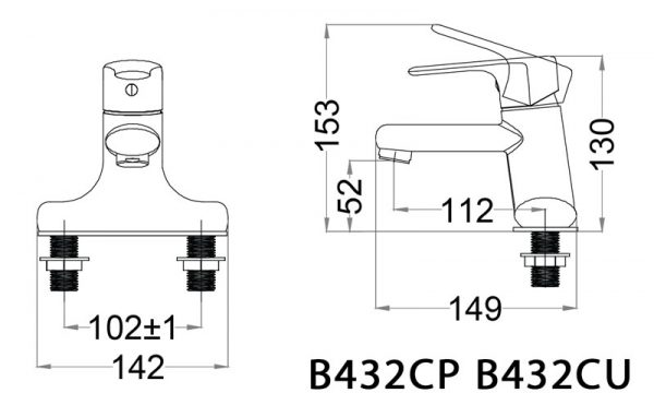 Bản vẽ kỹ thuật Vòi chậu lavabo CAESAR B432CP B432CU nóng lạnh