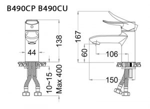Bản vẽ kỹ thuật Vòi chậu lavabo CAESAR B490CP B490CU nóng lạnh