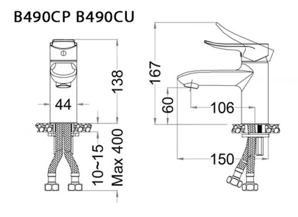 Bản vẽ kỹ thuật Vòi chậu lavabo CAESAR B490CP B490CU nóng lạnh