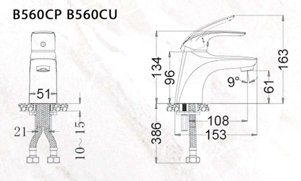 Bản vẽ kỹ thuật Vòi chậu lavabo CAESAR B560CP B560CU nóng lạnh