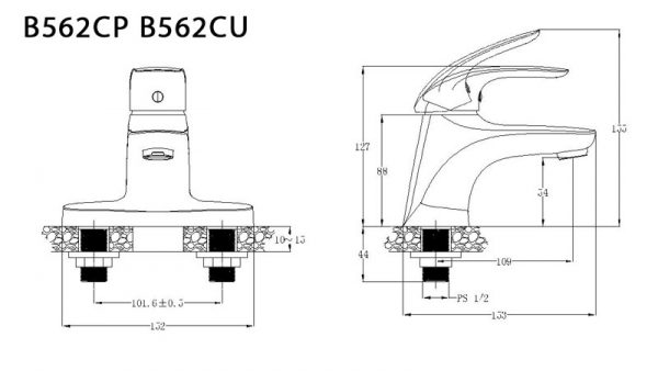 Bản vẽ kỹ thuật Vòi chậu lavabo CAESAR B562CP B562CU nóng lạnh