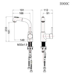 CAESAR B900CU - Vòi chậu lavabo dây rút nóng lạnh 2 Bản vẽ kỹ thuật vòi nóng lạnh Caesar B 900CU