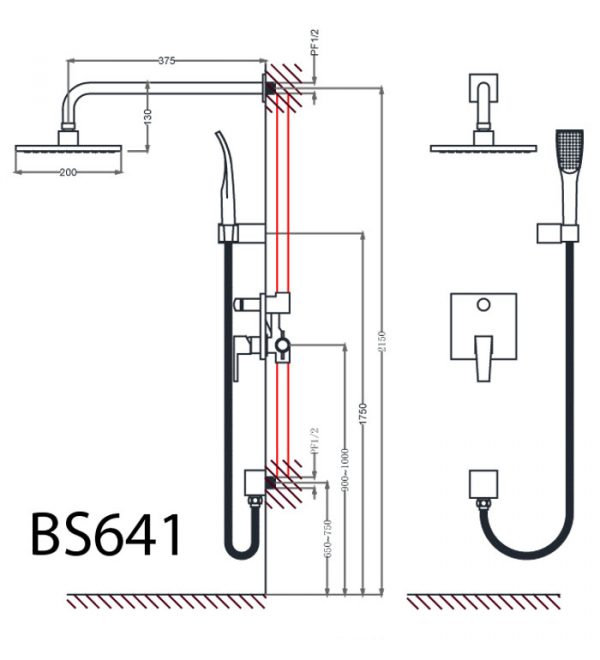 Bản vẽ kỹ thuật Vòi sen âm tường CAESAR BS641