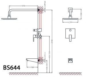 Bản vẽ kỹ thuật Vòi sen âm tường CAESAR BS644