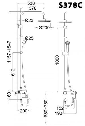 Bản vẽ kỹ thuật Vòi sen cây CAESAR S378C nóng lạnh