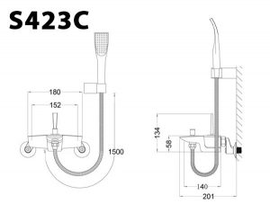 Bản vẽ kỹ thuật Vòi sen tắm CAESAR S423C nóng lạnh