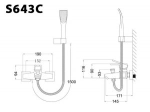 Bản vẽ kỹ thuật Vòi sen tắm CAESAR S643C nóng lạnh