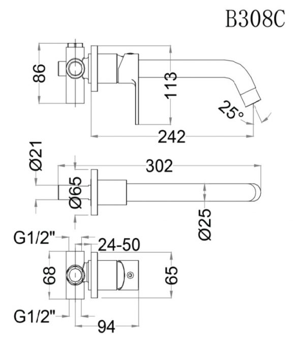 Vòi chậu rửa mặt lavabo gắn tường Caesar B308C nóng lạnh