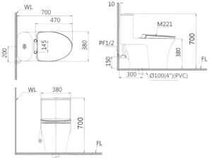 Bồn cầu 1 khối CAESAR CD1395 nắp êm M221 11 Bản vẽ bồn cầu 1 khối Caesar CD1395 nắp êm M221